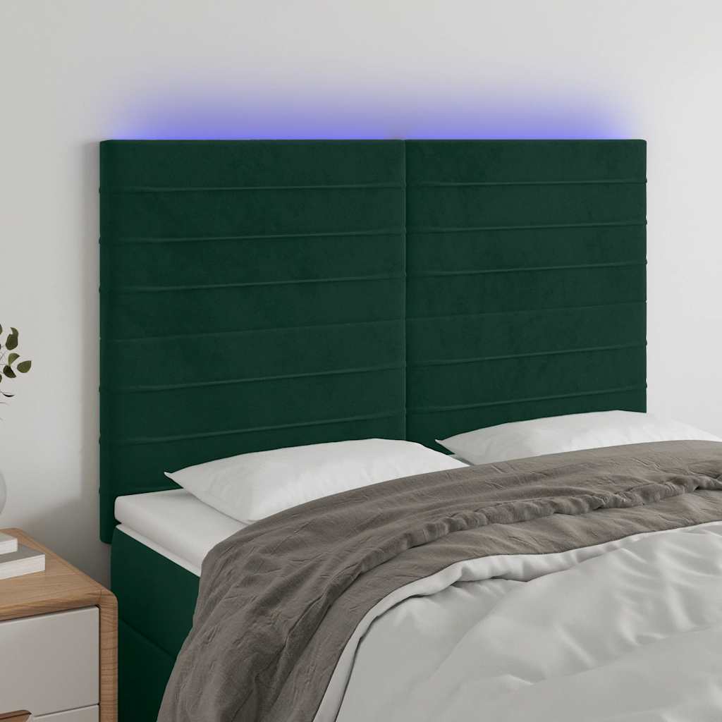 Cabeceira de cama c/ LED veludo 144x5x118/128 cm verde-escuro