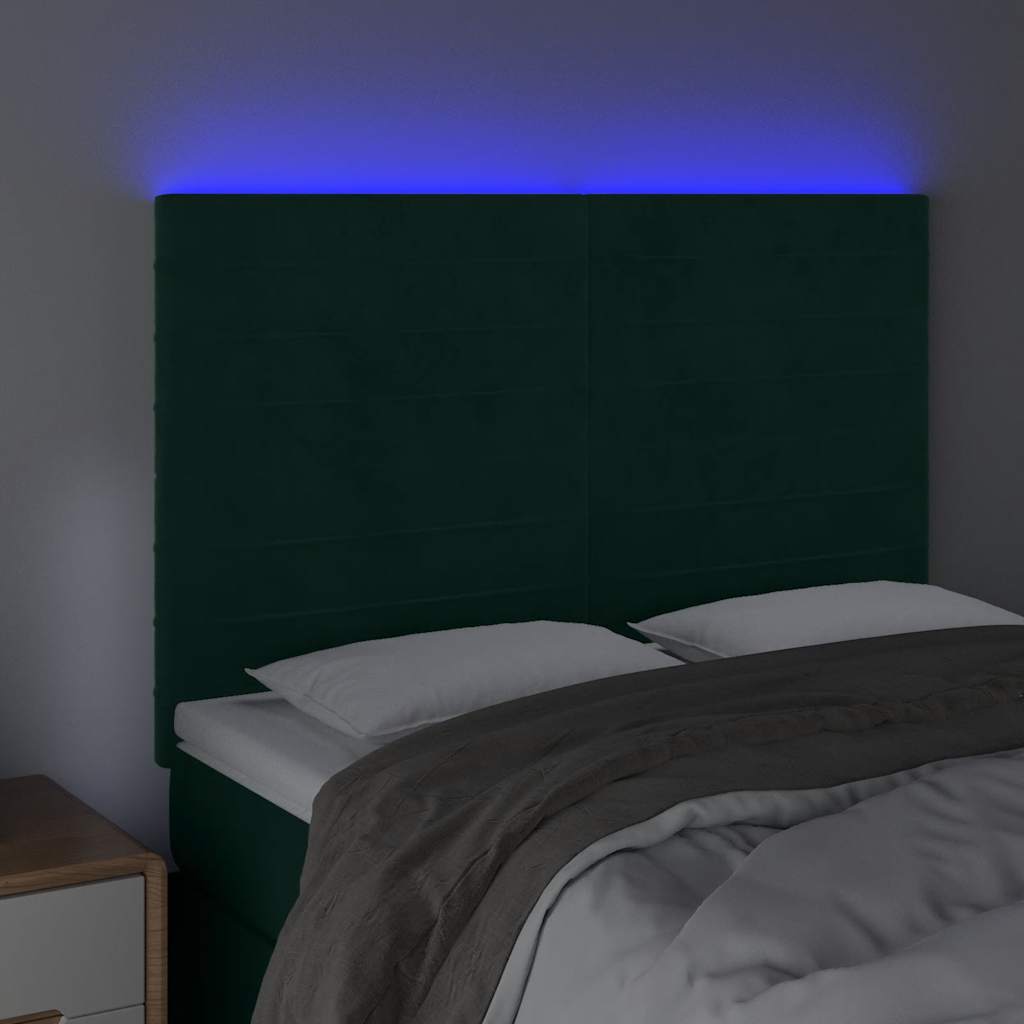 Cabeceira de cama c/ LED veludo 144x5x118/128 cm verde-escuro