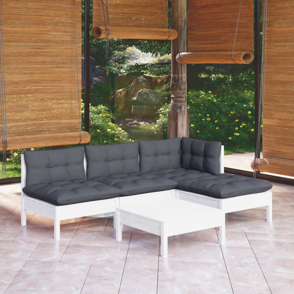 5 Pcs conjunto lounge de jardim c/ almofadões pinho branco