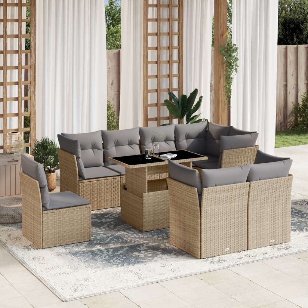 9 Pcs conjunto de sofás p/ jardim com almofadões vime PE bege