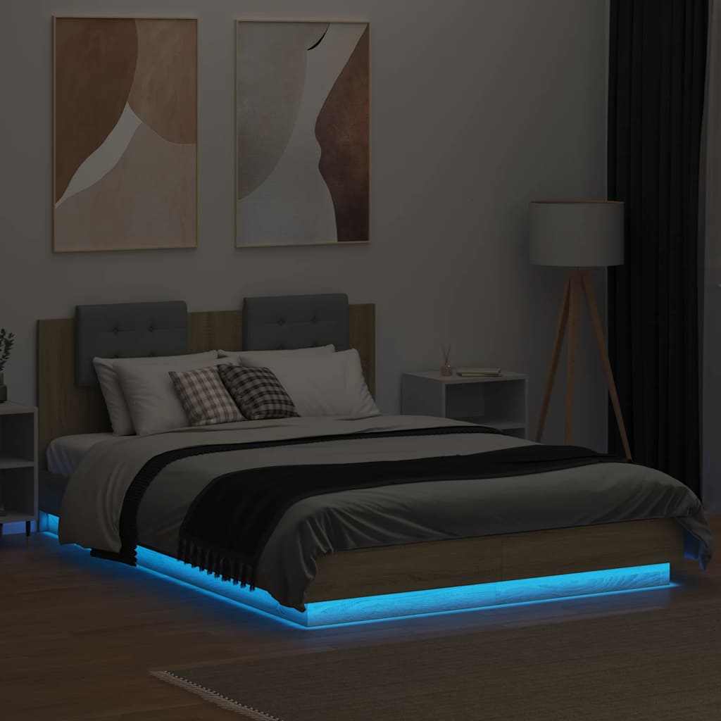 Estrutura cama c/ cabeceira/luzes LED 140x200cm carvalho sonoma