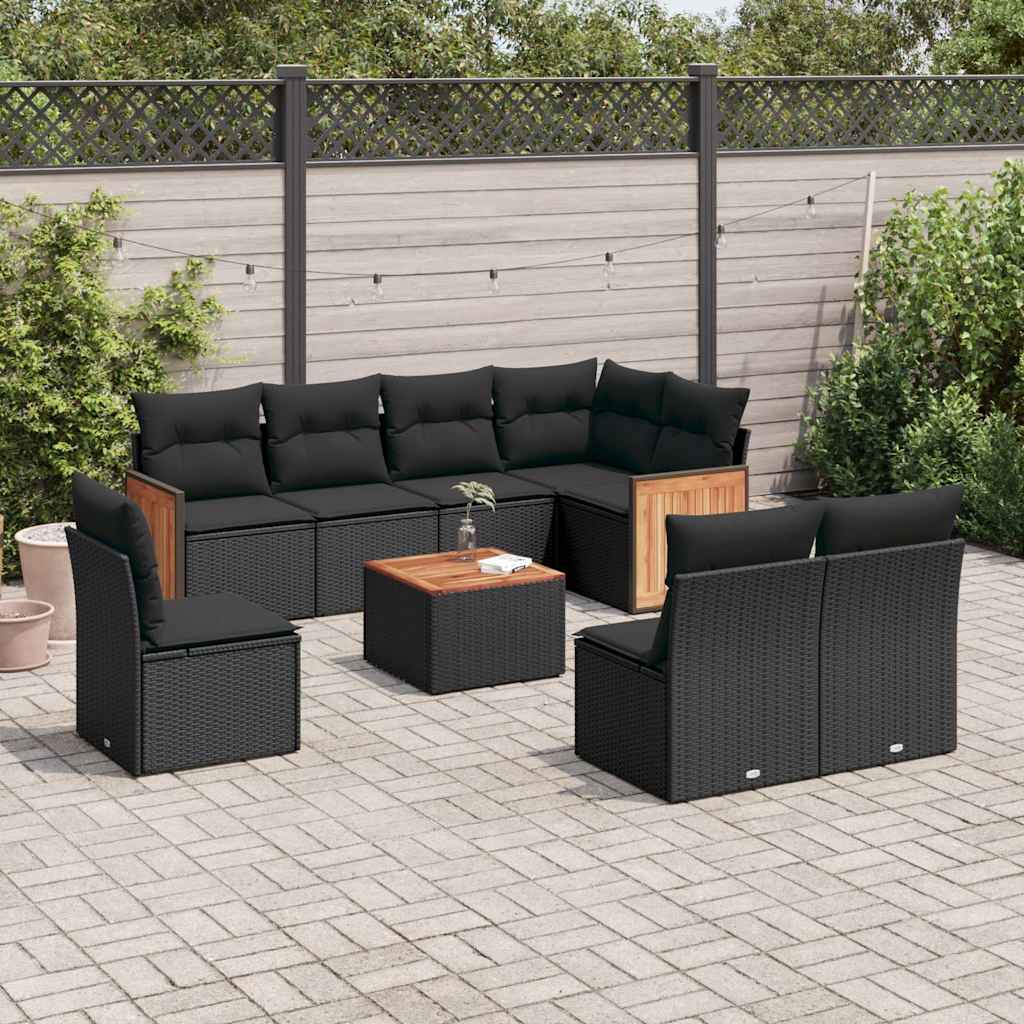 9 Pcs conjunto de sofás p/ jardim c/ almofadões vime PE preto