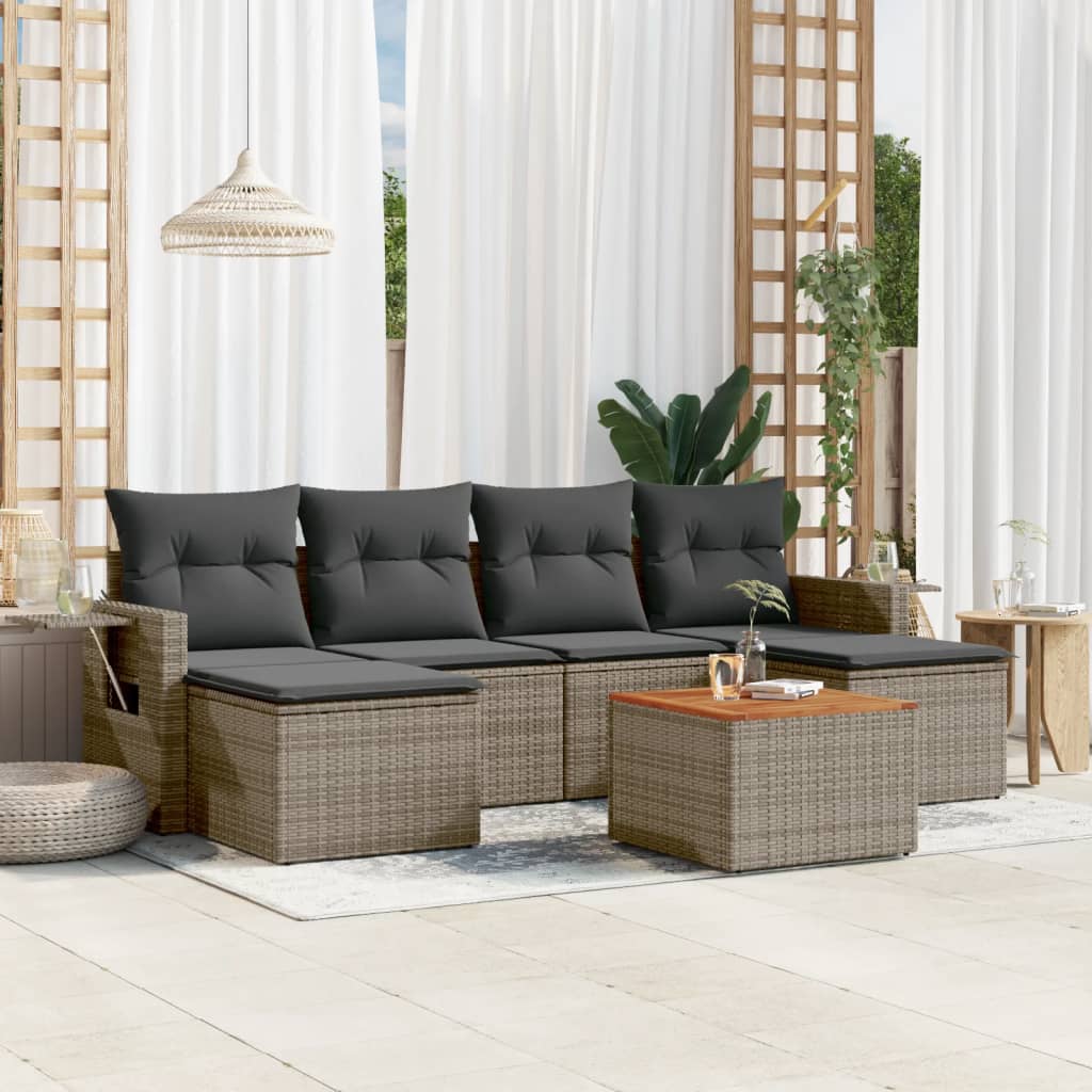 7 Pcs conjunto sofás p/ jardim c/ almofadões vime PE cinzento