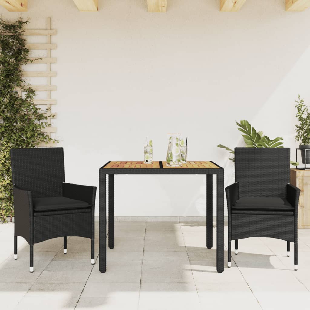 3 Pcs conjunto jantar jardim c/ almofadões vime PE/acácia preto