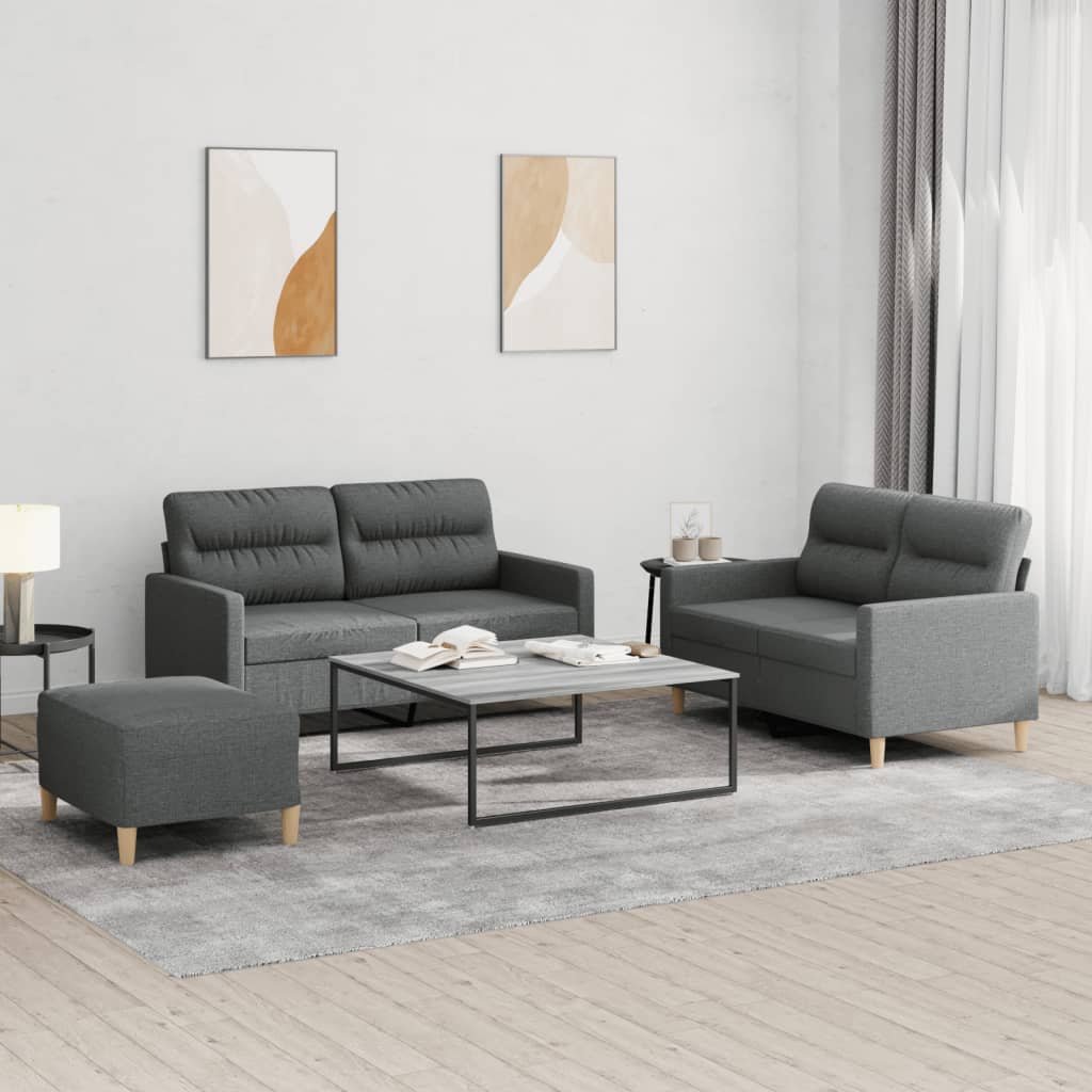 3 Pcs conjunto de sofás com almofadões tecido cinzento-escuro