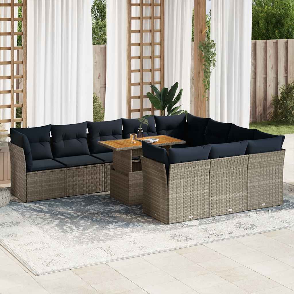11 Pcs conjunto sofás de jardim c/ almofadões vime PE cinzento