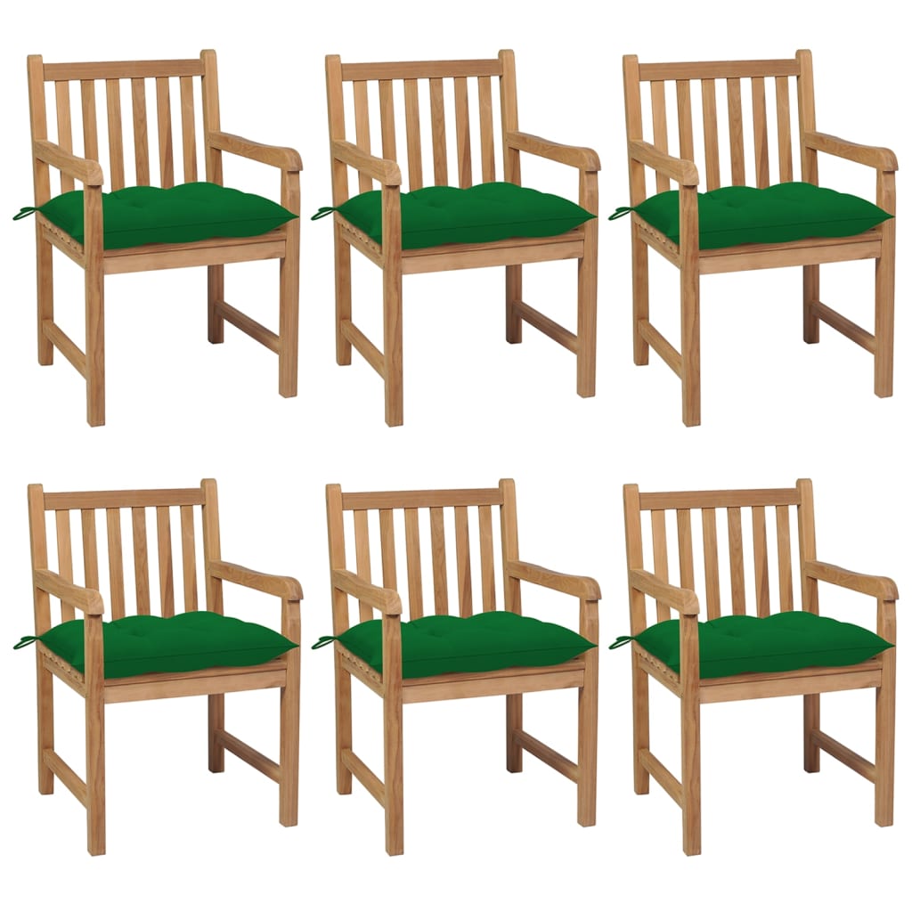 Cadeiras de jardim c/ almofadões verdes 6 pcs teca maciça
