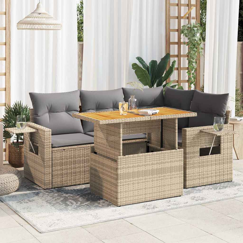 5 Pcs conjunto de sofás p/ jardim com almofadões vime PE bege