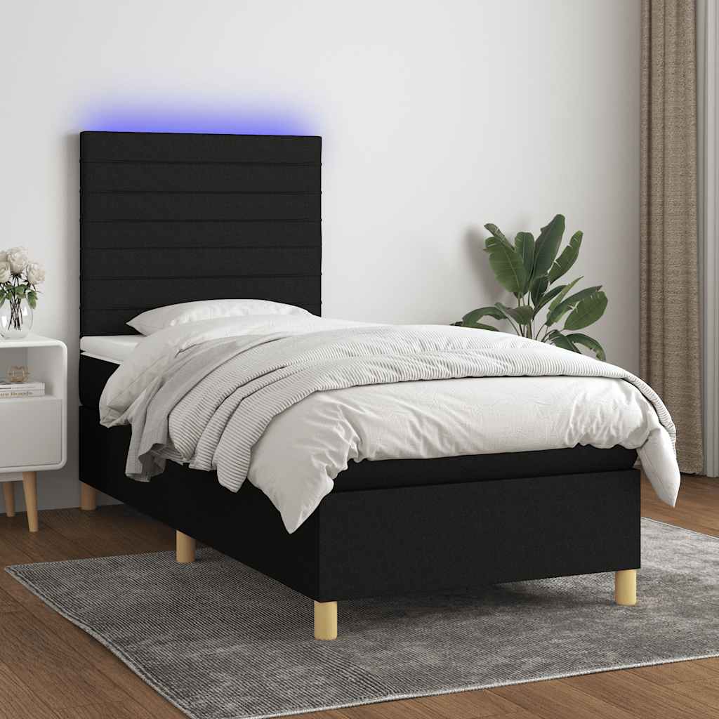 Cama box spring c/ colchão e LED 90x200 cm tecido preto