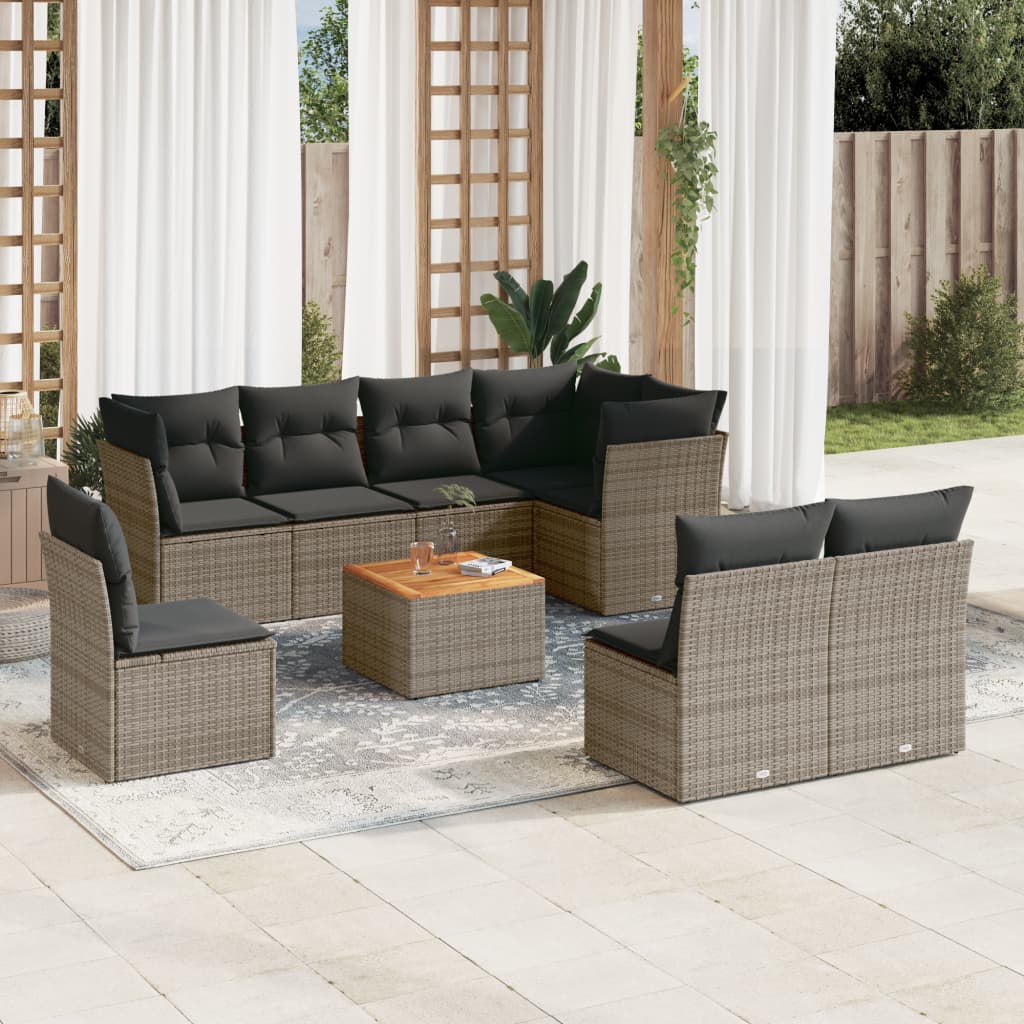 9 Pcs conjunto sofás p/ jardim com almofadões vime PE cinzento