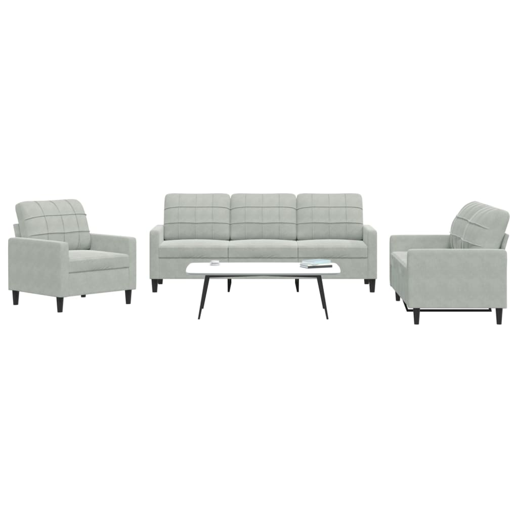 3 Pcs conjunto de sofás com almofadões veludo cinzento-claro