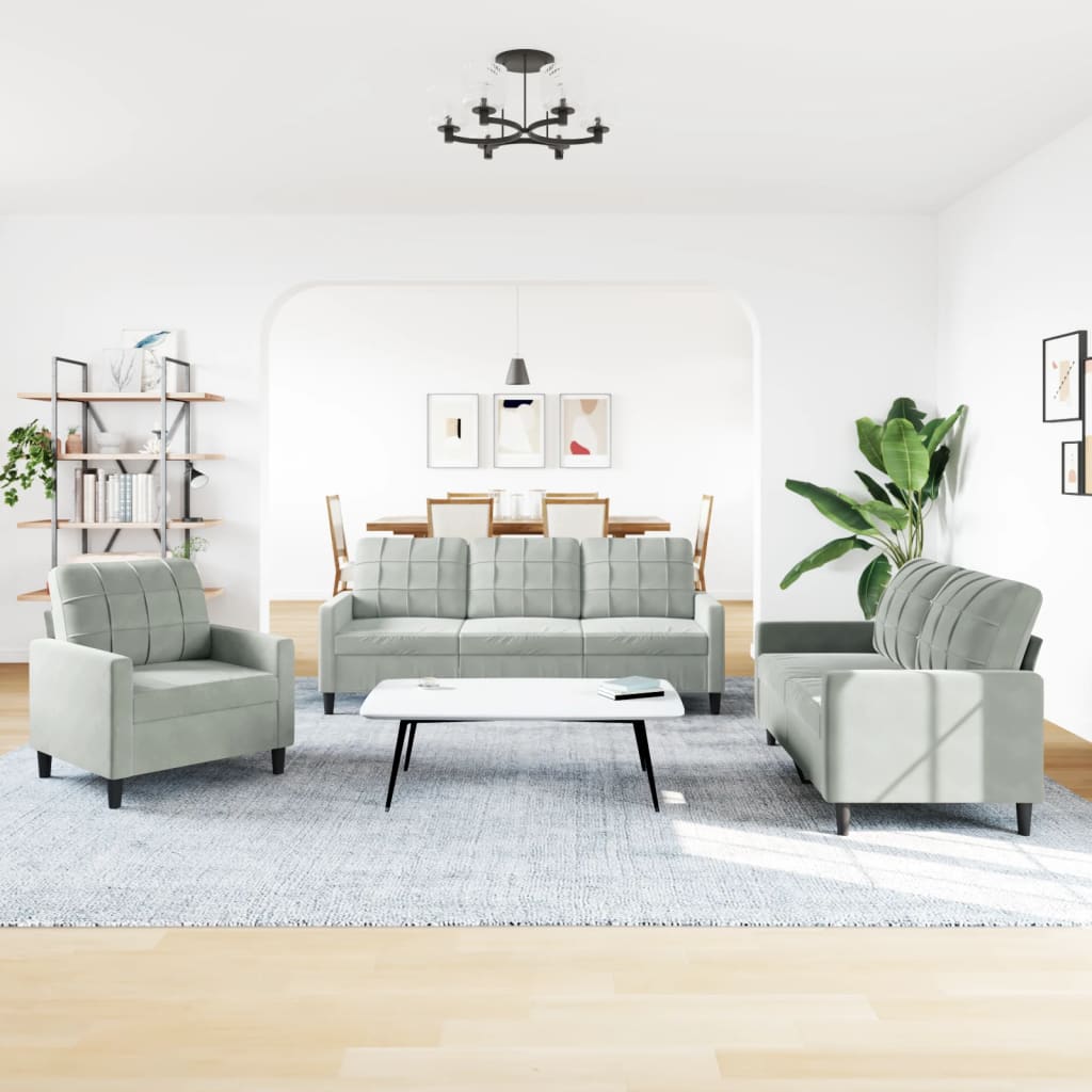 3 Pcs conjunto de sofás com almofadões veludo cinzento-claro
