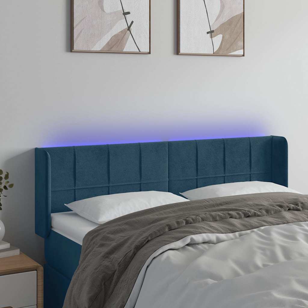 Cabeceira cama c/ luzes LED veludo 147x16x78/88 cm azul-escuro