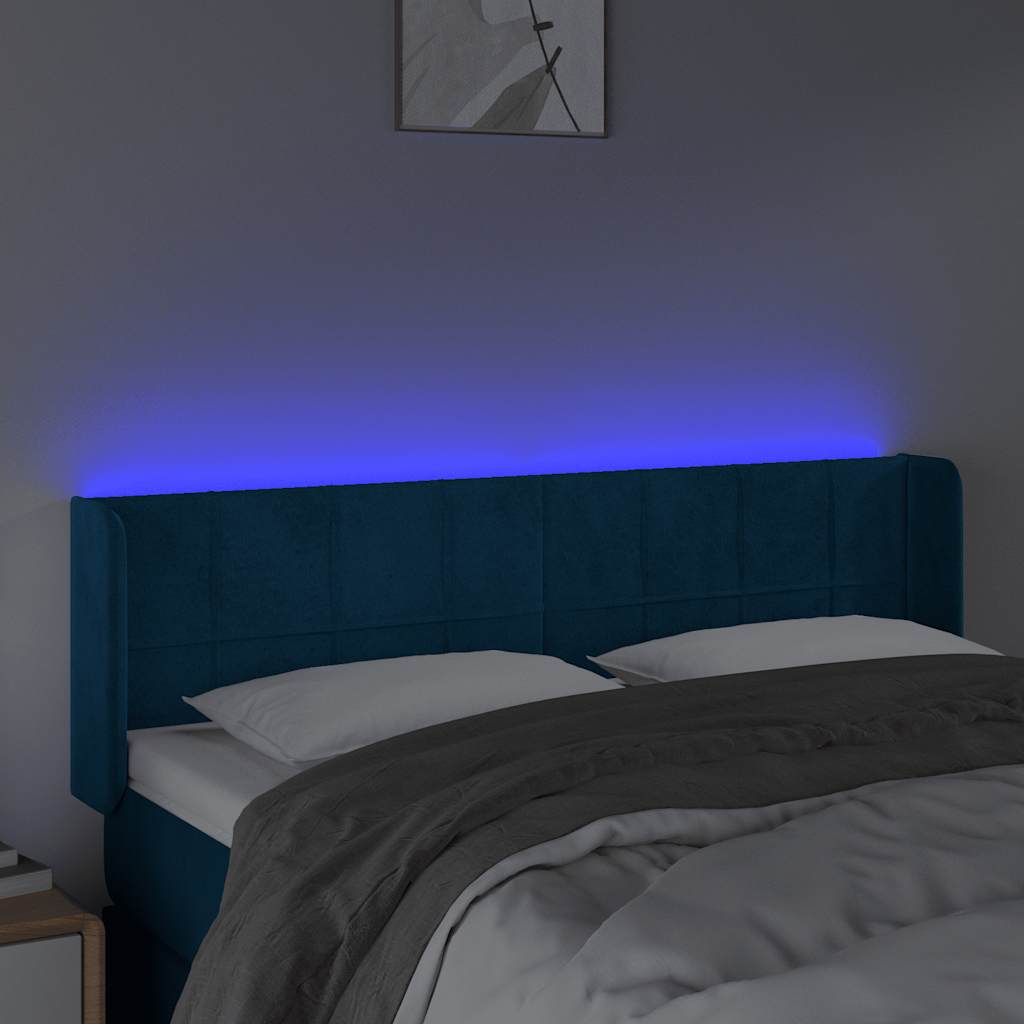 Cabeceira cama c/ luzes LED veludo 147x16x78/88 cm azul-escuro