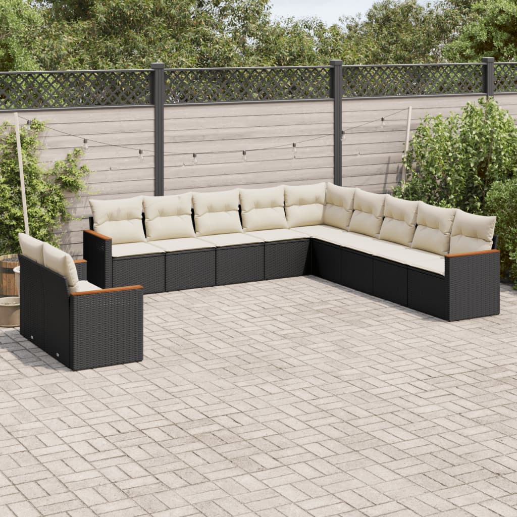 11 Pcs conjunto sofás de jardim c/ almofadões vime PE preto