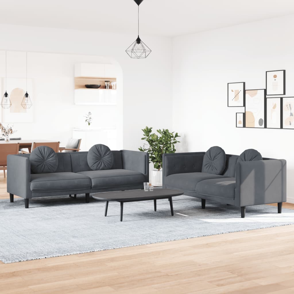 2 Pcs conjunto de sofás com almofadas veludo cinzento-escuro