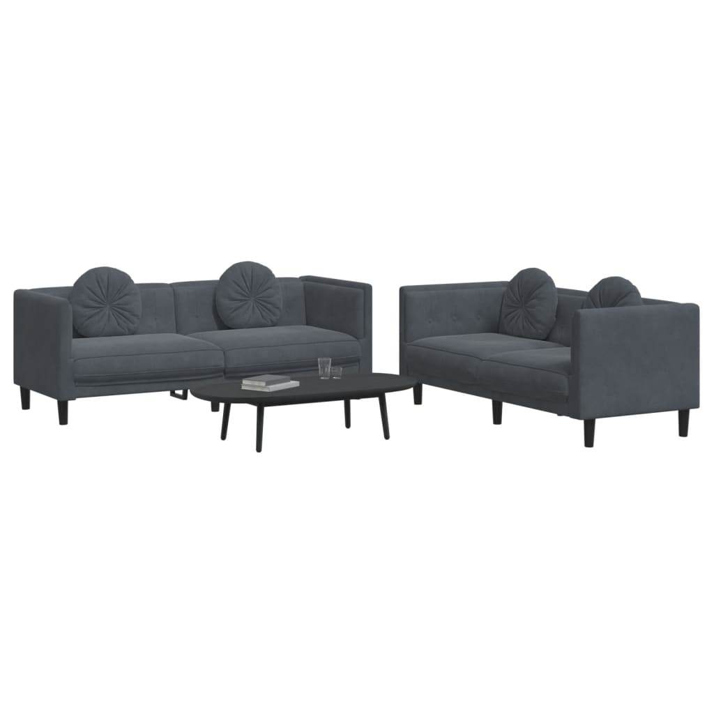 2 Pcs conjunto de sofás com almofadas veludo cinzento-escuro