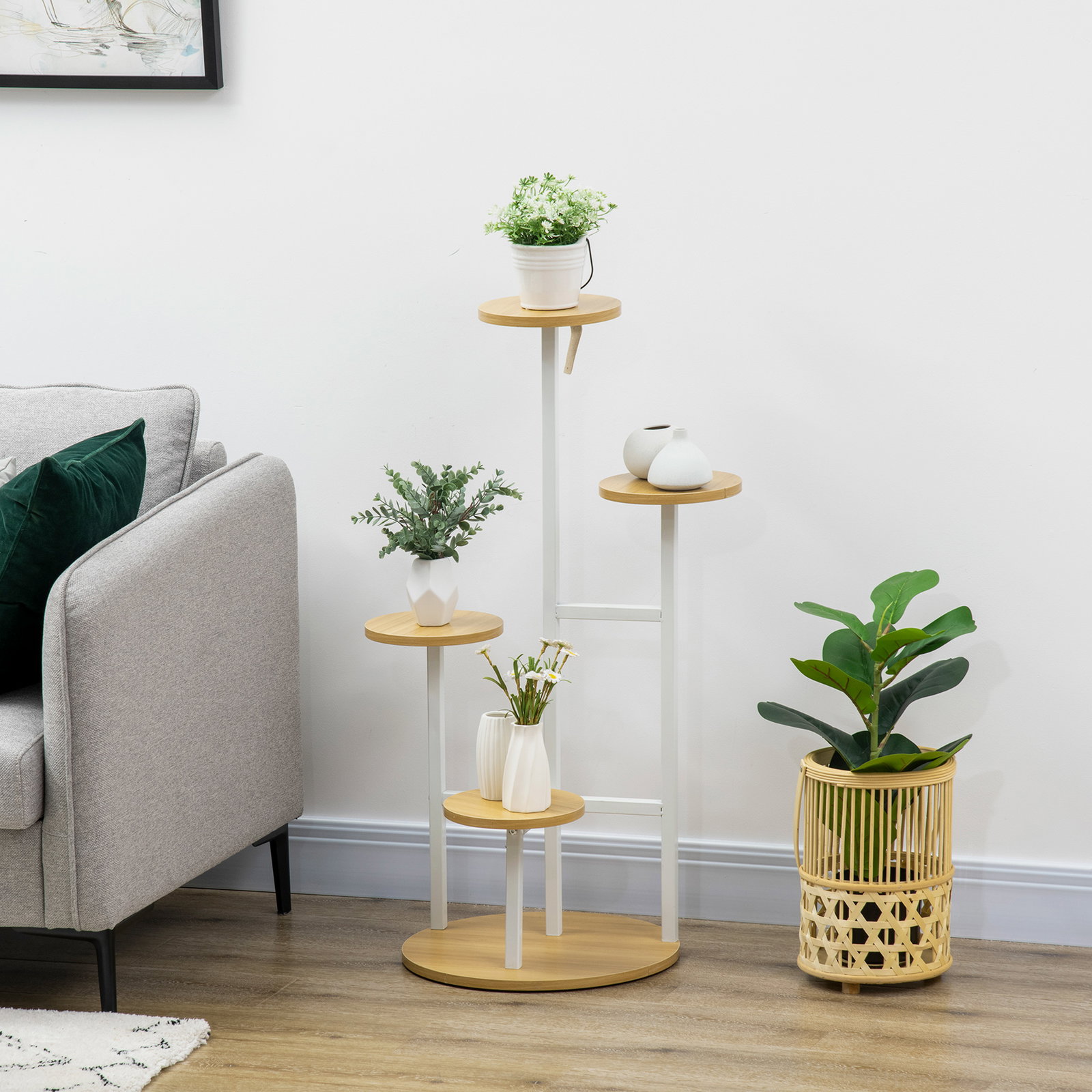 Suporte para plantas de 4 níveis suporte para vasos de plantas com estrutura de aço 40x40x95,5cm madeira e branco
