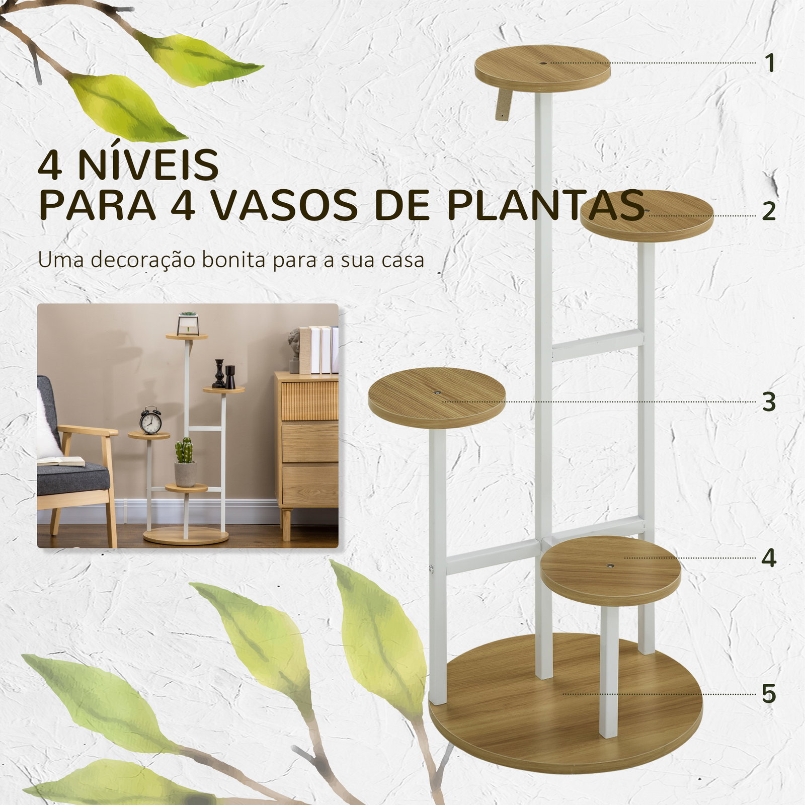 Suporte para plantas de 4 níveis suporte para vasos de plantas com estrutura de aço 40x40x95,5cm madeira e branco