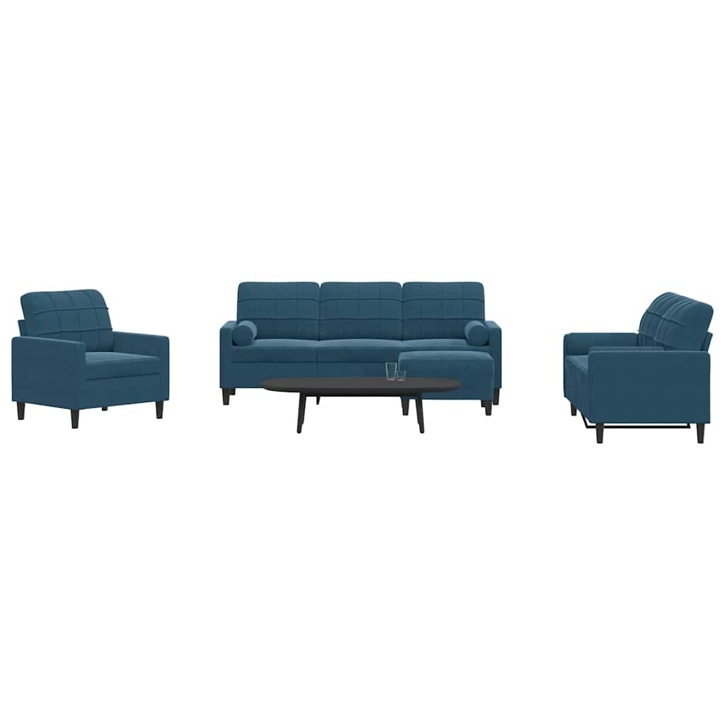 4 Pcs conjunto de sofás com almofadões e rolos veludo azul