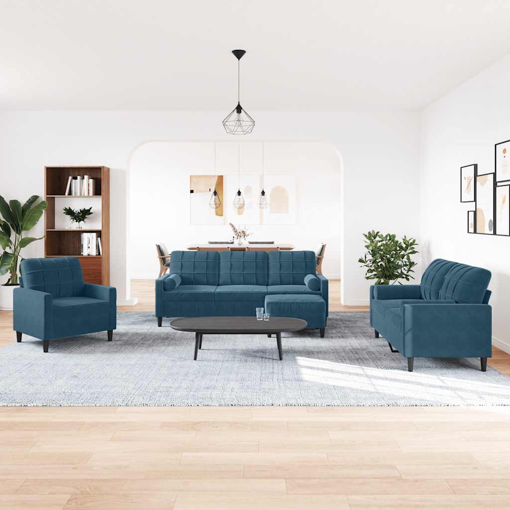 4 Pcs conjunto de sofás com almofadões e rolos veludo azul