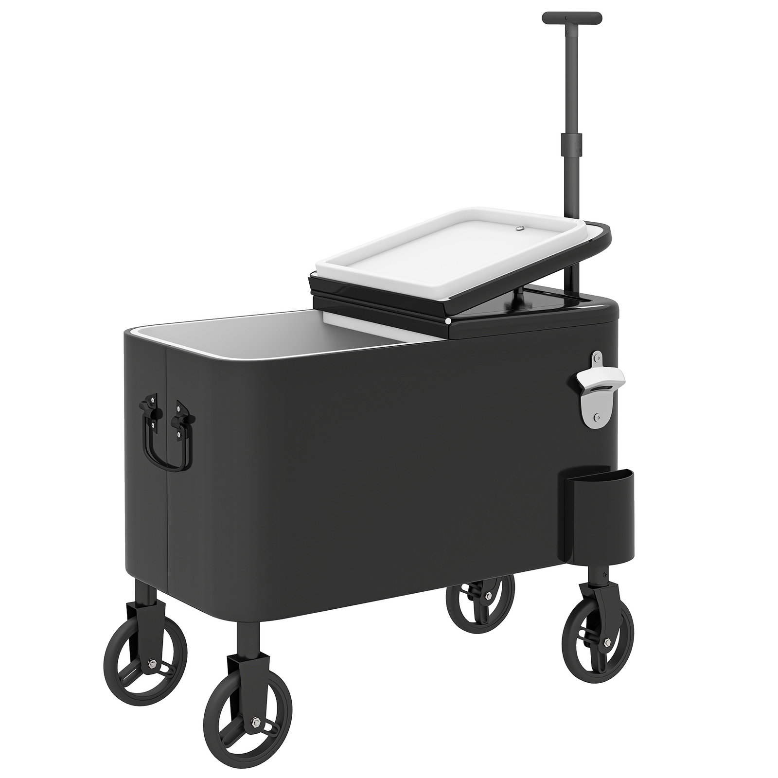 Carrinho frigorífico de 56l com rodas pega ajustável abre-garrafas recolhedor de tampas dreno 75x35x120 cm preto