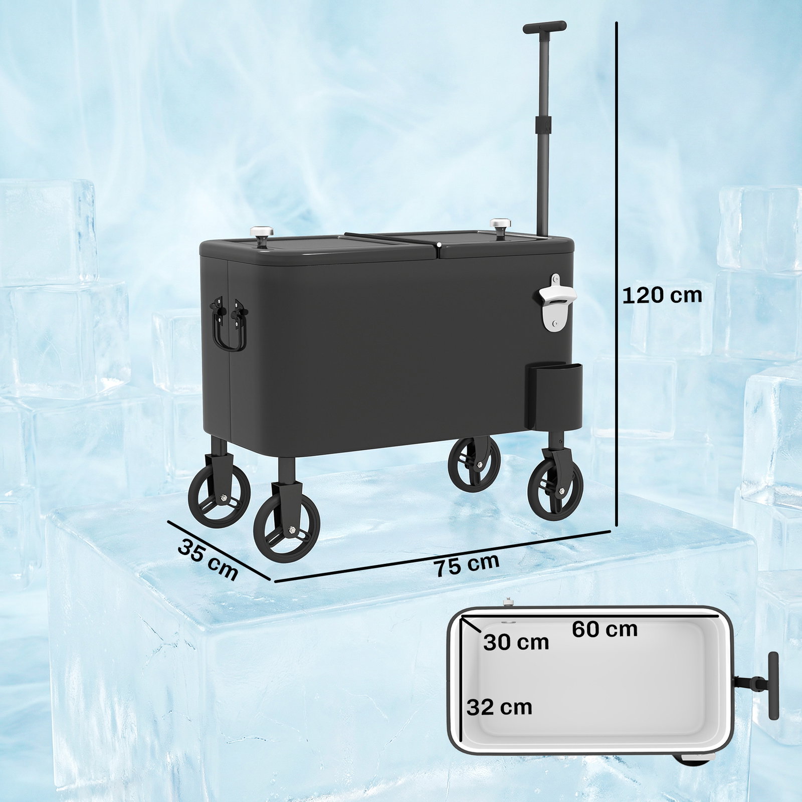 Carrinho frigorífico de 56l com rodas pega ajustável abre-garrafas recolhedor de tampas dreno 75x35x120 cm preto