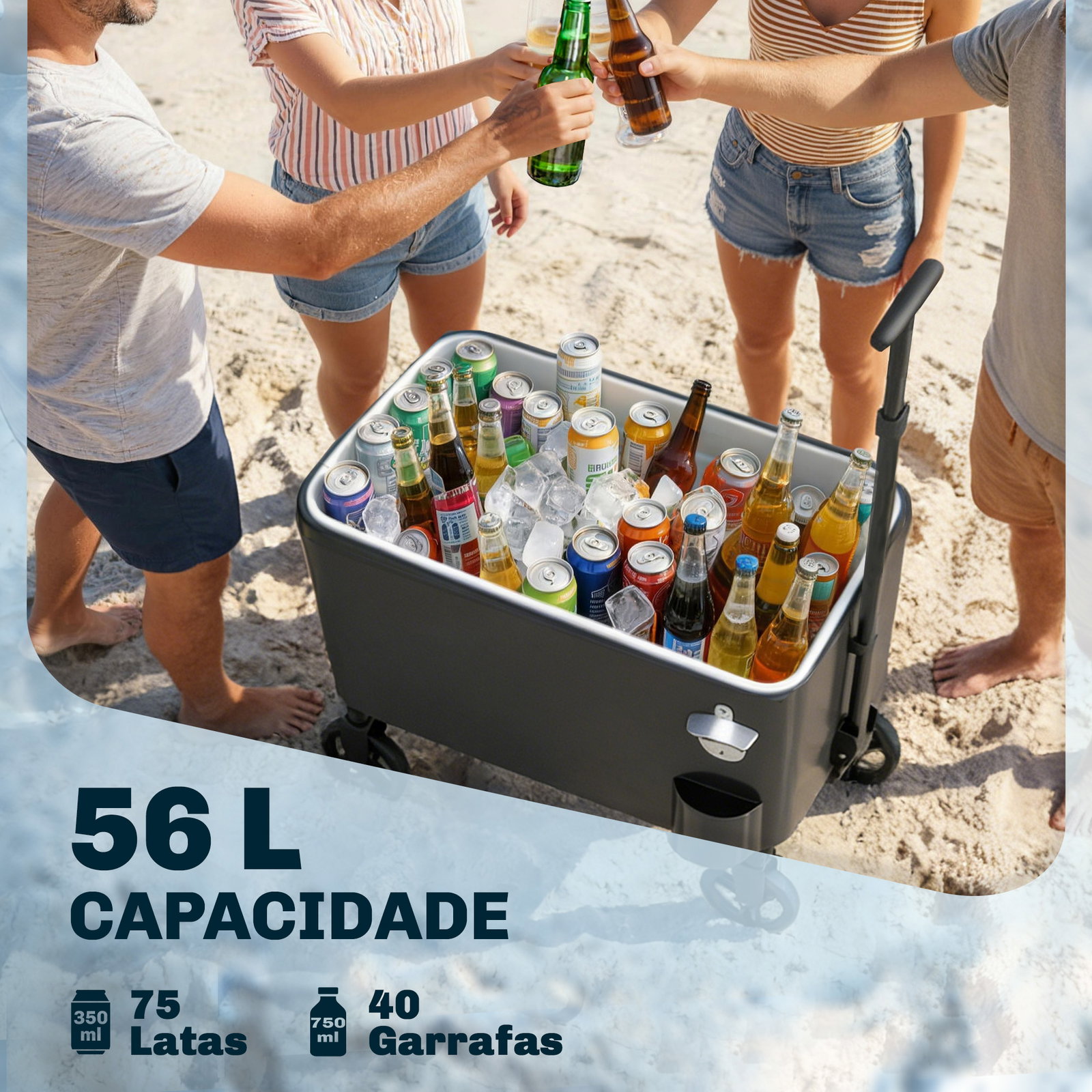 Carrinho frigorífico de 56l com rodas pega ajustável abre-garrafas recolhedor de tampas dreno 75x35x120 cm preto