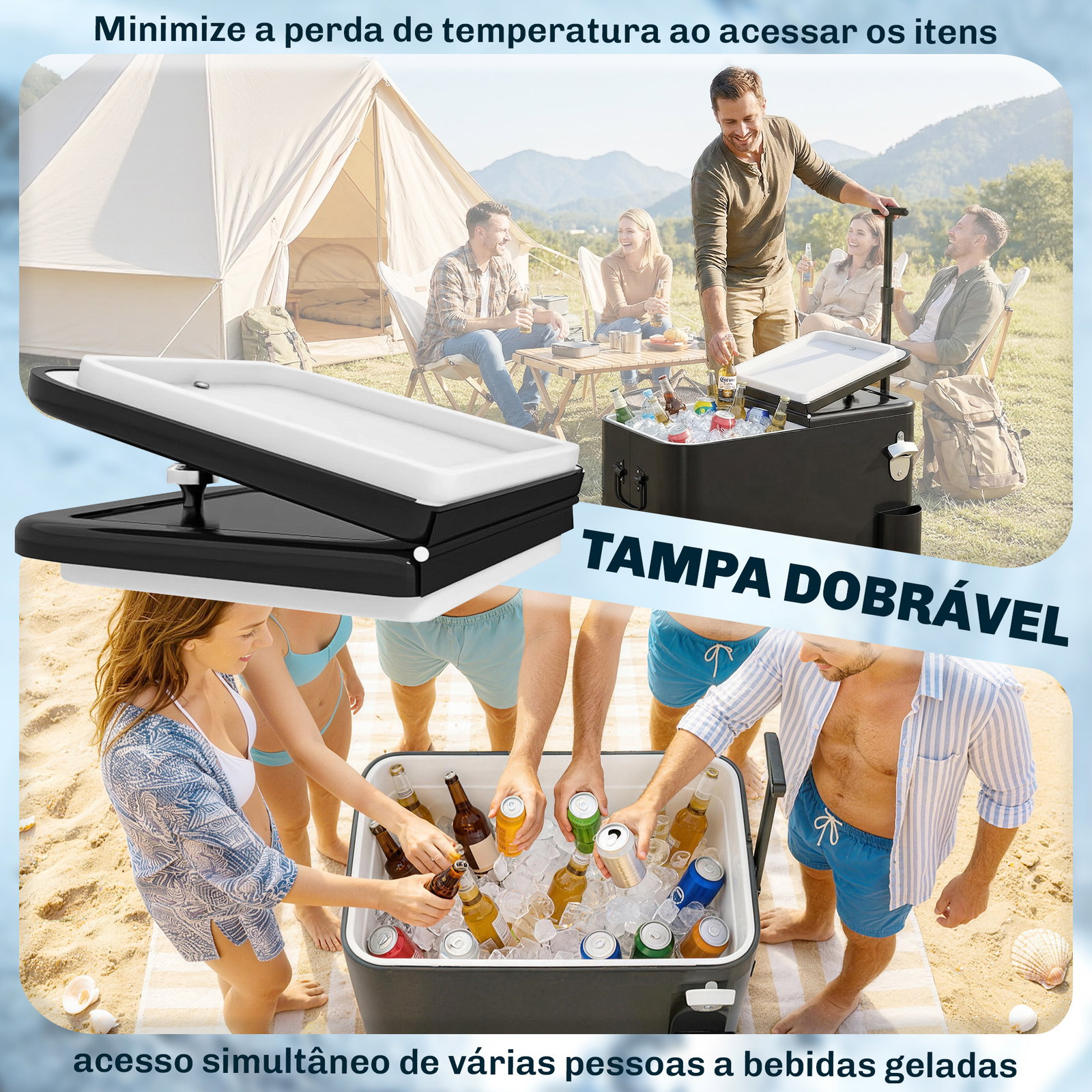 Carrinho frigorífico de 56l com rodas pega ajustável abre-garrafas recolhedor de tampas dreno 75x35x120 cm preto