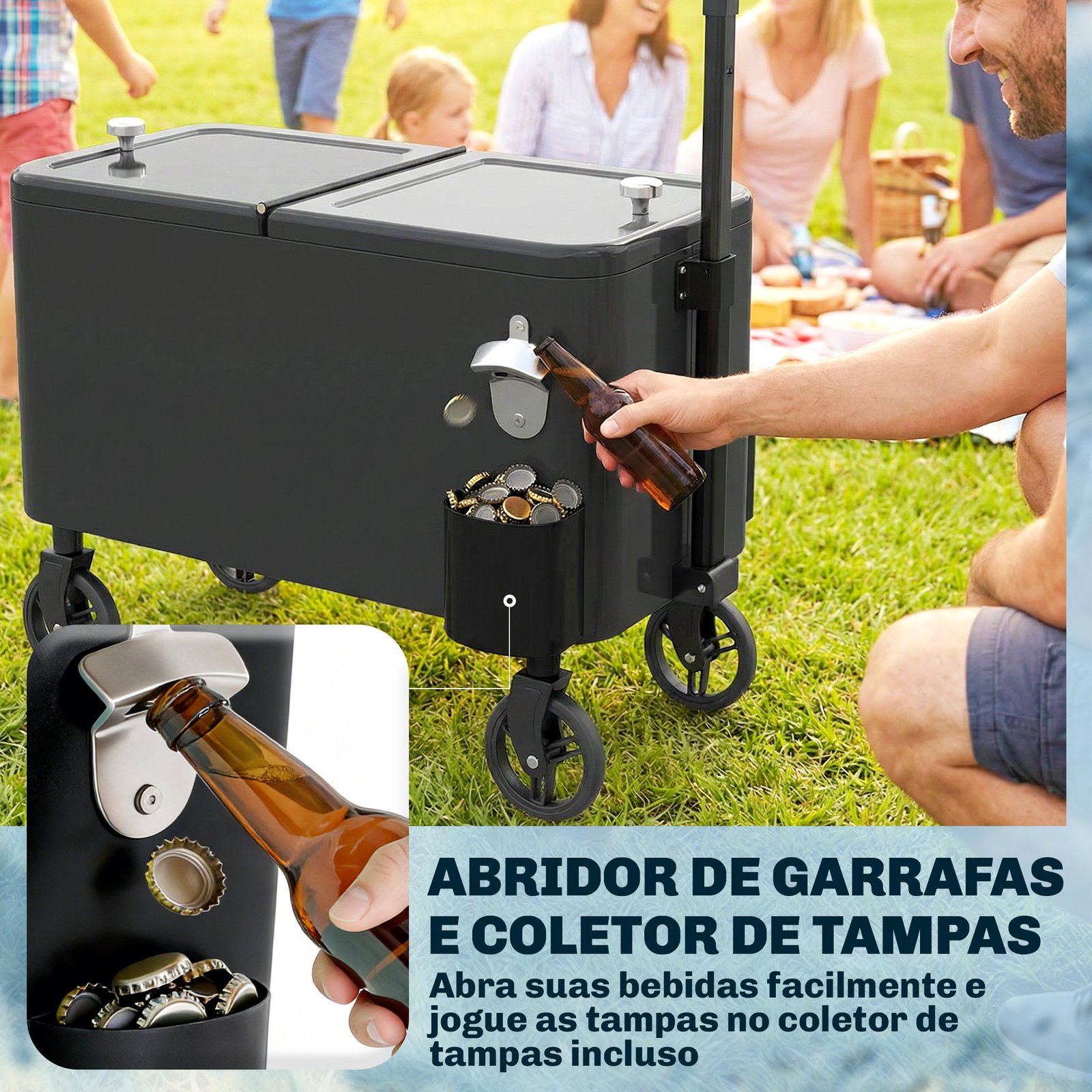 Carrinho frigorífico de 56l com rodas pega ajustável abre-garrafas recolhedor de tampas dreno 75x35x120 cm preto