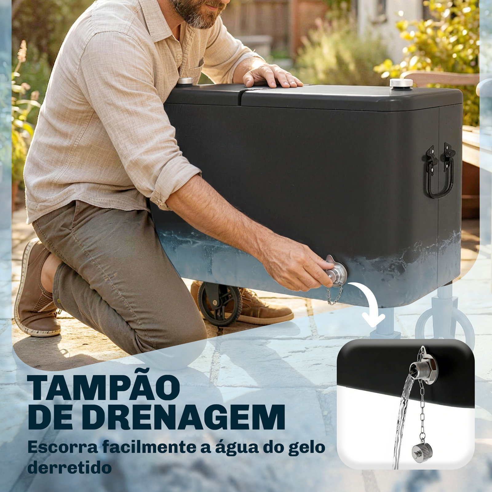 Carrinho frigorífico de 56l com rodas pega ajustável abre-garrafas recolhedor de tampas dreno 75x35x120 cm preto