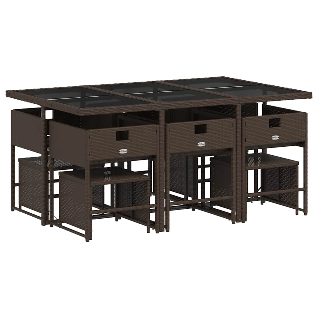 11 Pcs conjunto jantar p/ jardim c/ almofadões vime PE castanho