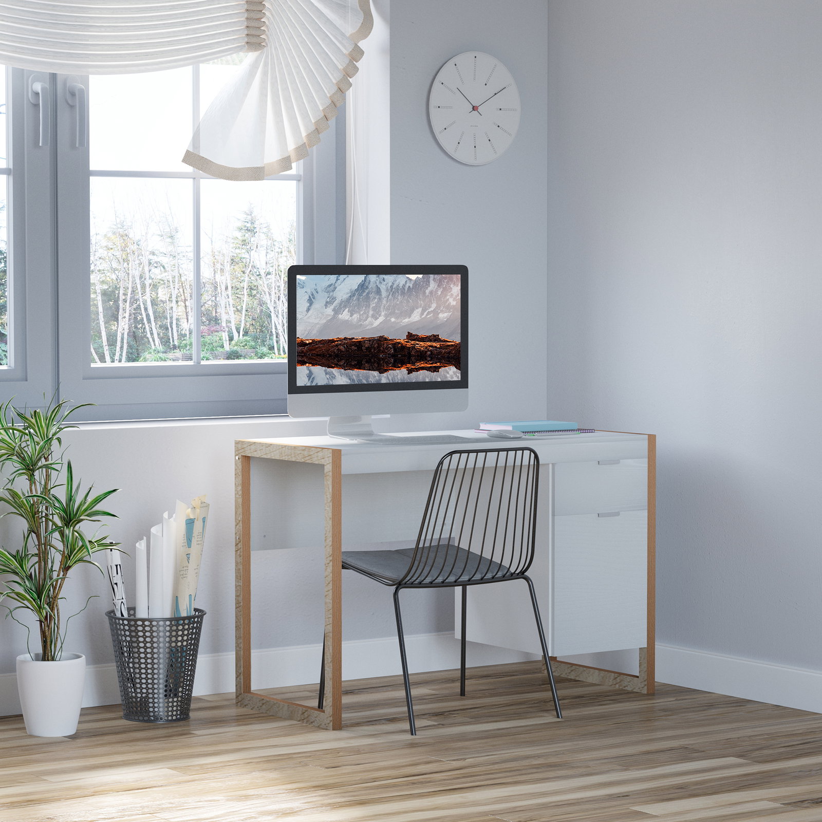 Mesa de computador com gaveta armário pés em forma retangular112,5x50x75,5 cm branco e madeira