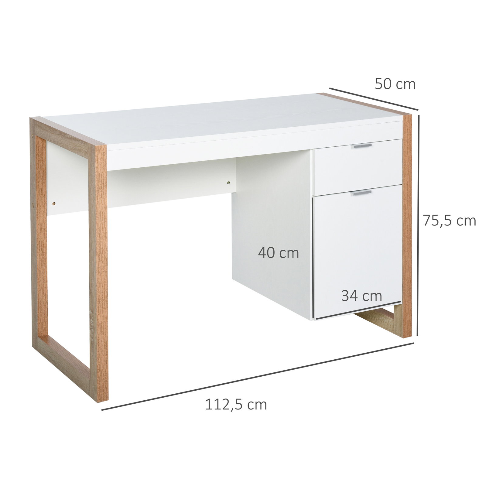 Mesa de computador com gaveta armário pés em forma retangular112,5x50x75,5 cm branco e madeira