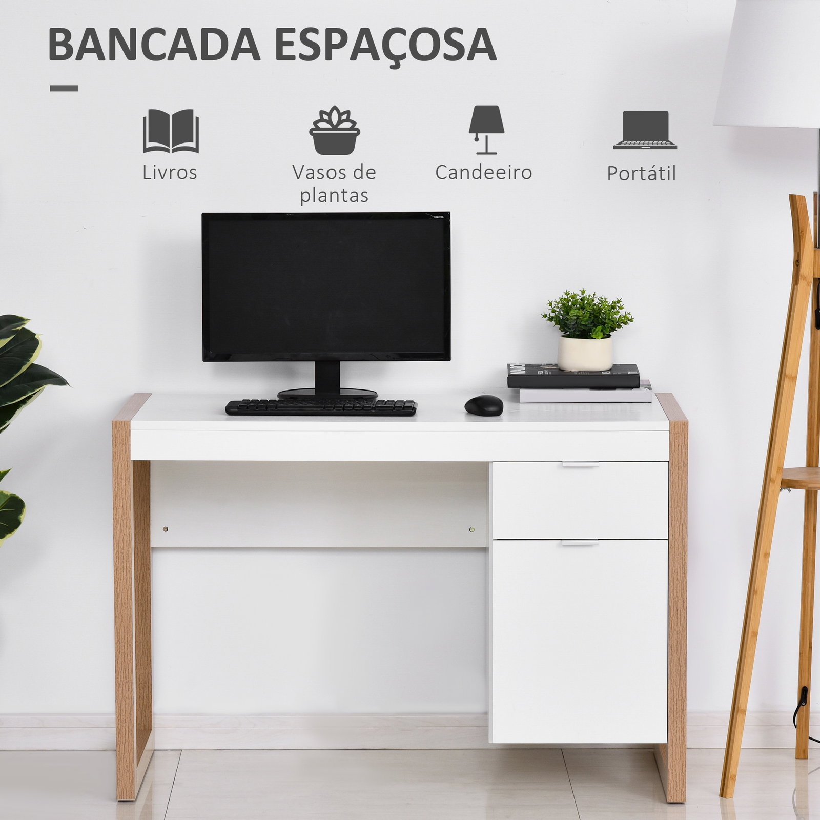 Mesa de computador com gaveta armário pés em forma retangular112,5x50x75,5 cm branco e madeira