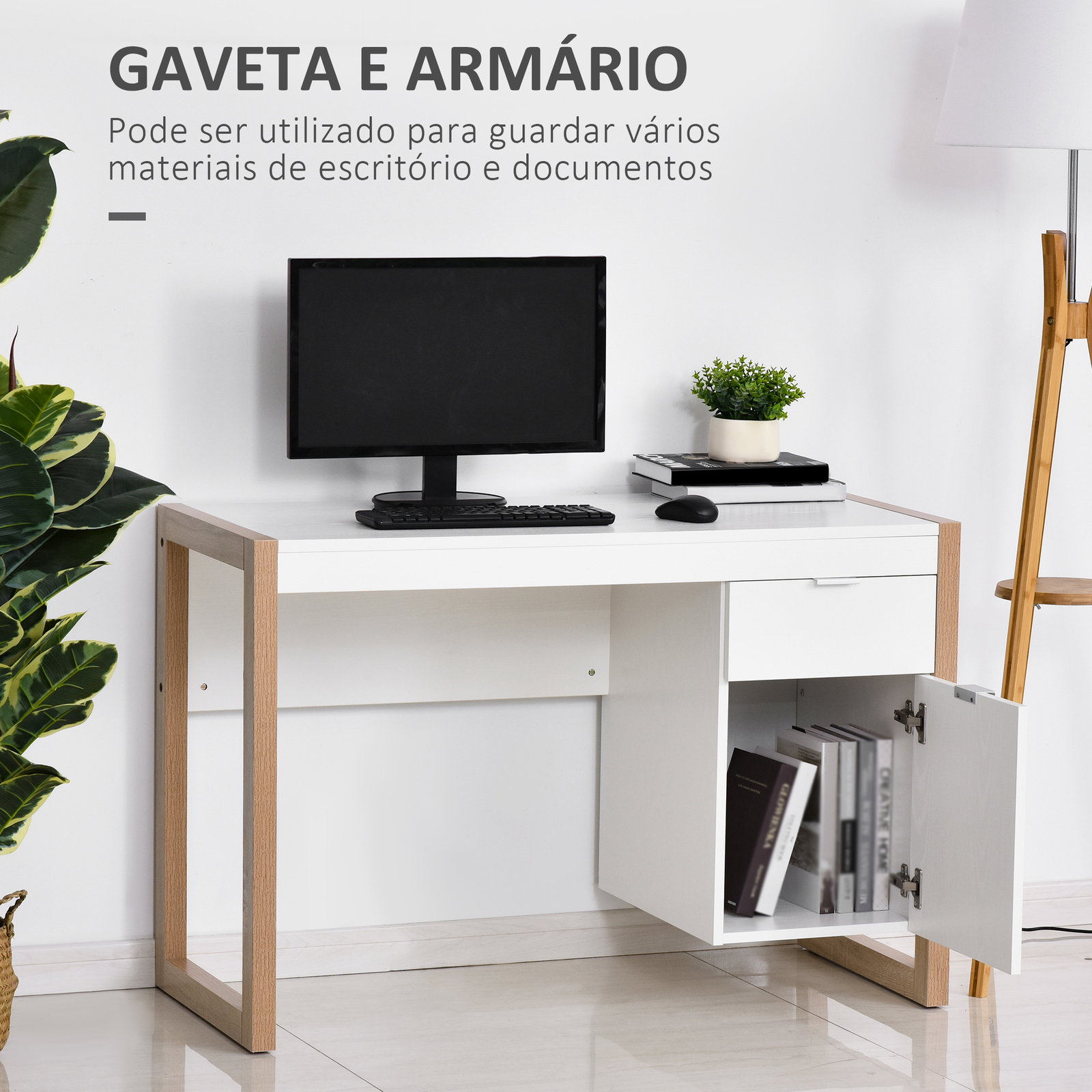 Mesa de computador com gaveta armário pés em forma retangular112,5x50x75,5 cm branco e madeira