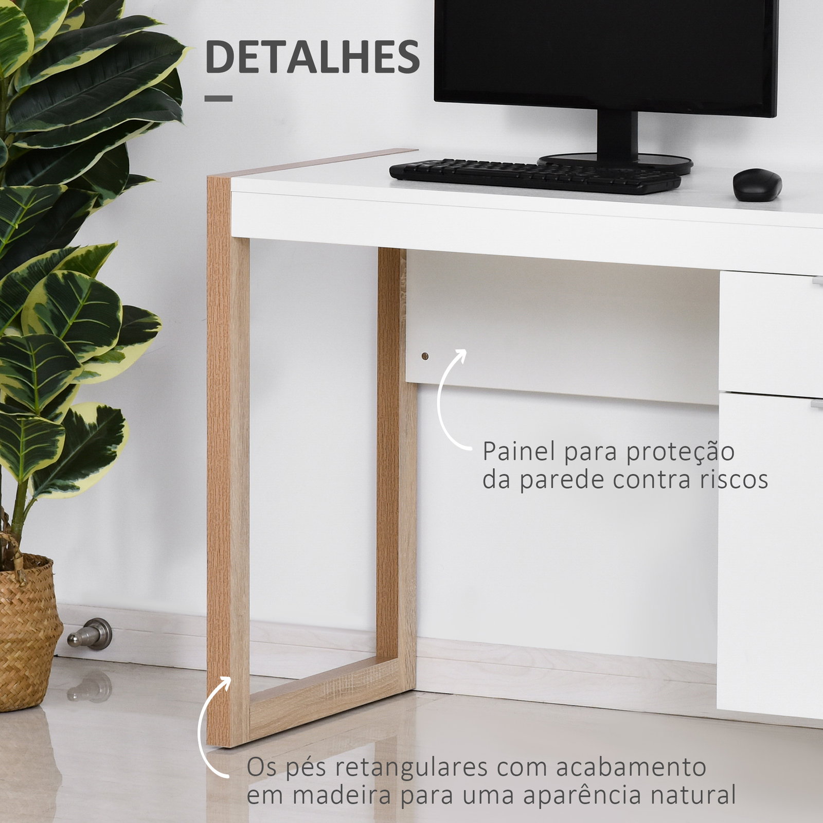 Mesa de computador com gaveta armário pés em forma retangular112,5x50x75,5 cm branco e madeira