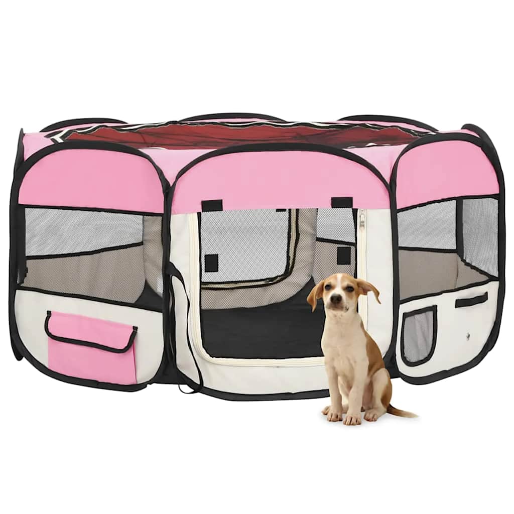 Parque dobrável p/ cão c/ saco de transporte 145x145x61cm rosa