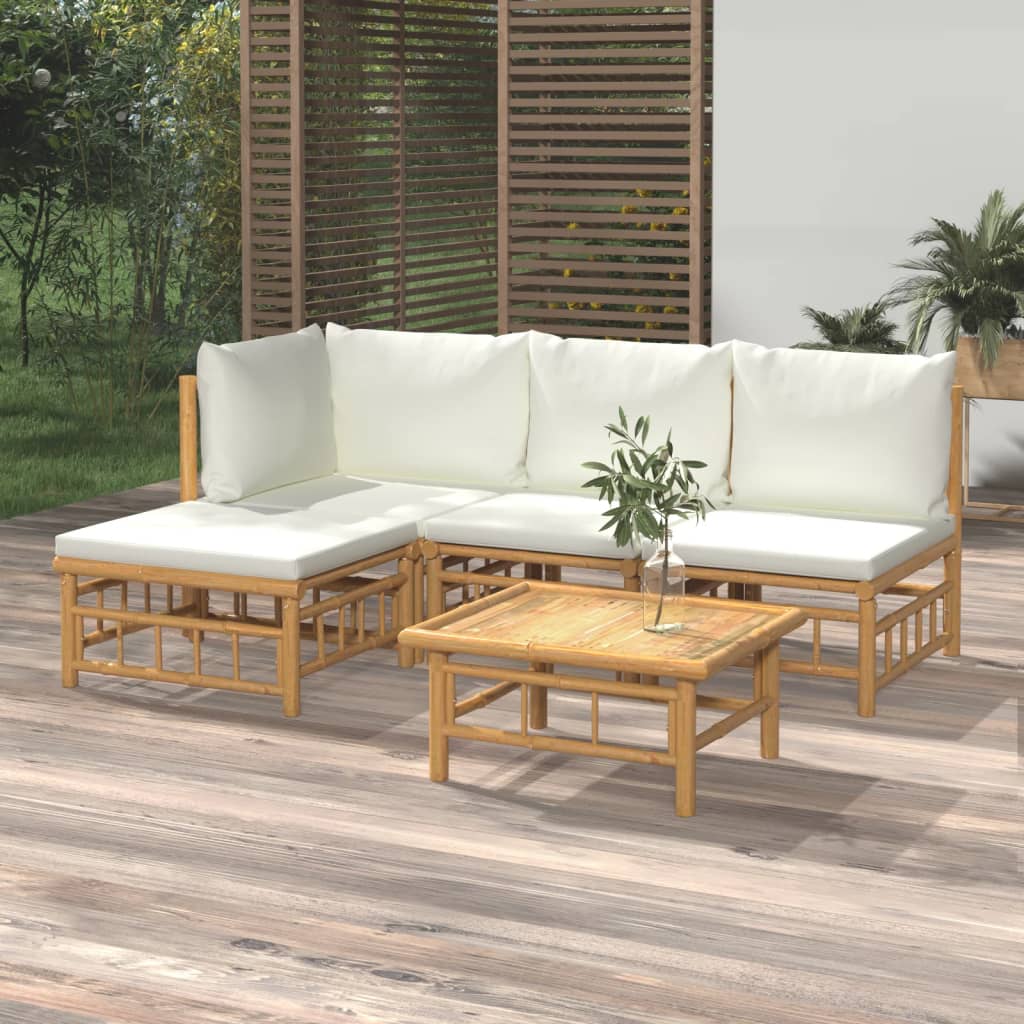 5 Pcs conjunto lounge de jardim bambu c/ almofadões branco nata