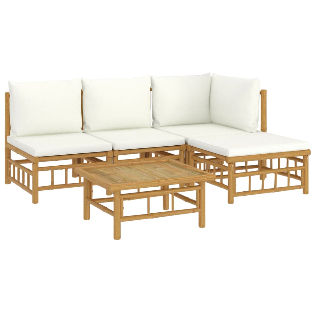5 Pcs conjunto lounge de jardim bambu c/ almofadões branco nata