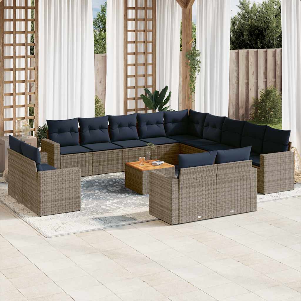 14 Pcs conjunto sofás p/ jardim c/ almofadões vime PE cinzento