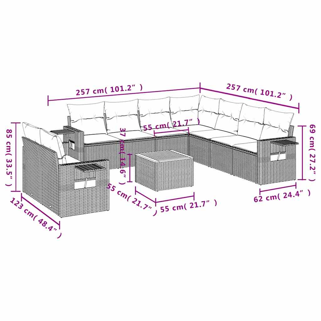 10 Pcs conjunto sofás de jardim c/ almofadões vime PE preto