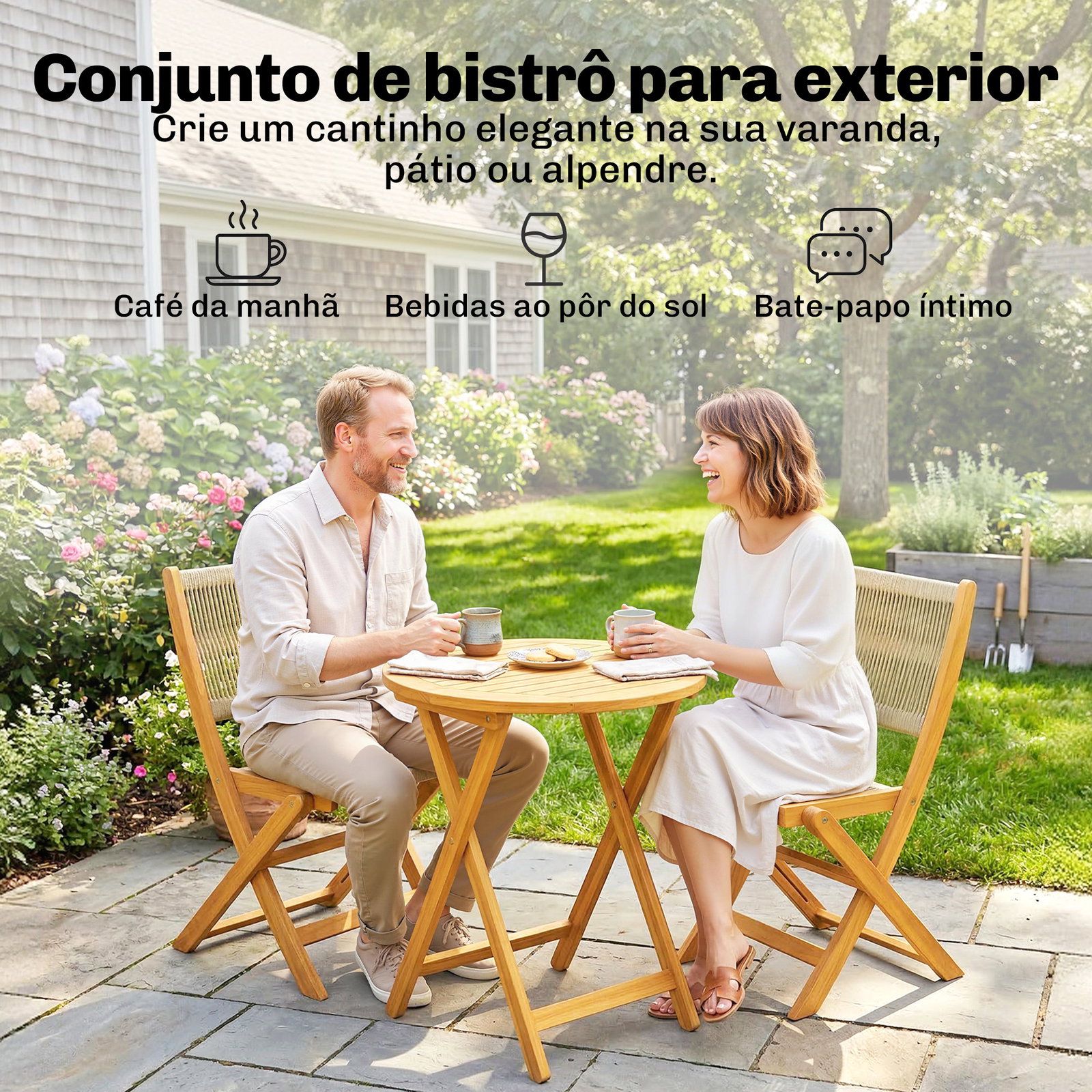 Conjunto de jardim de 3 peças em madeira com 2 cadeiras dobráveis e mesa redonda para varanda e terraço natural
