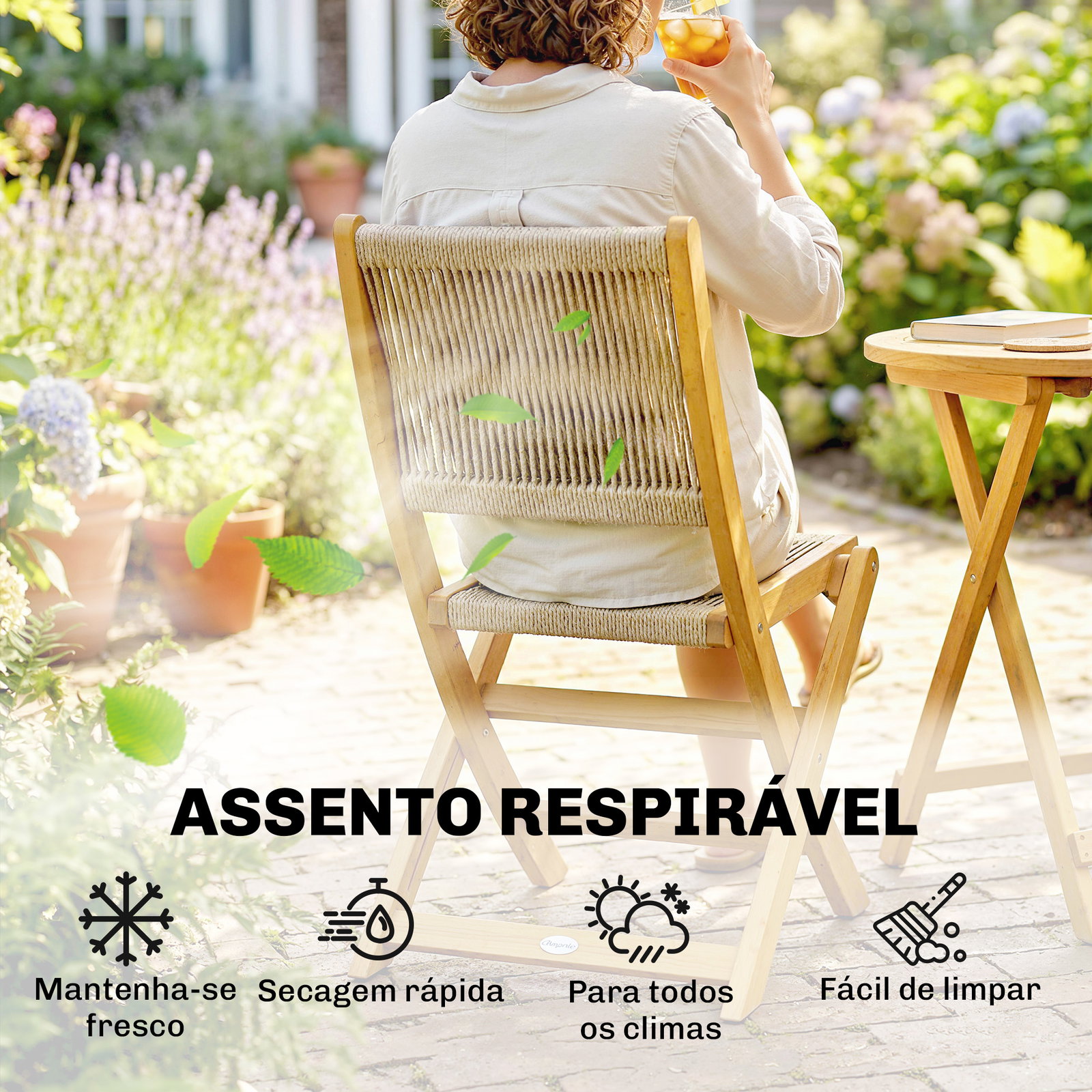 Conjunto de jardim de 3 peças em madeira com 2 cadeiras dobráveis e mesa redonda para varanda e terraço natural