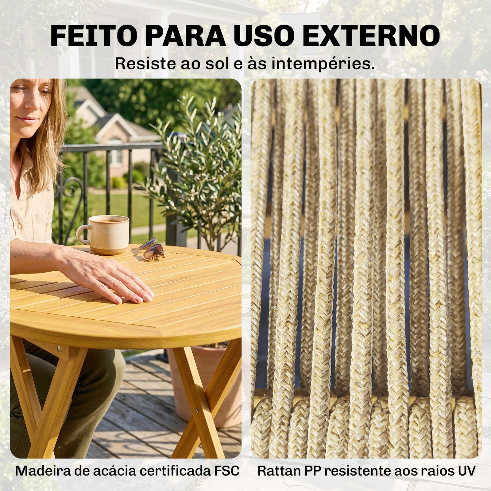 Conjunto de jardim de 3 peças em madeira com 2 cadeiras dobráveis e mesa redonda para varanda e terraço natural