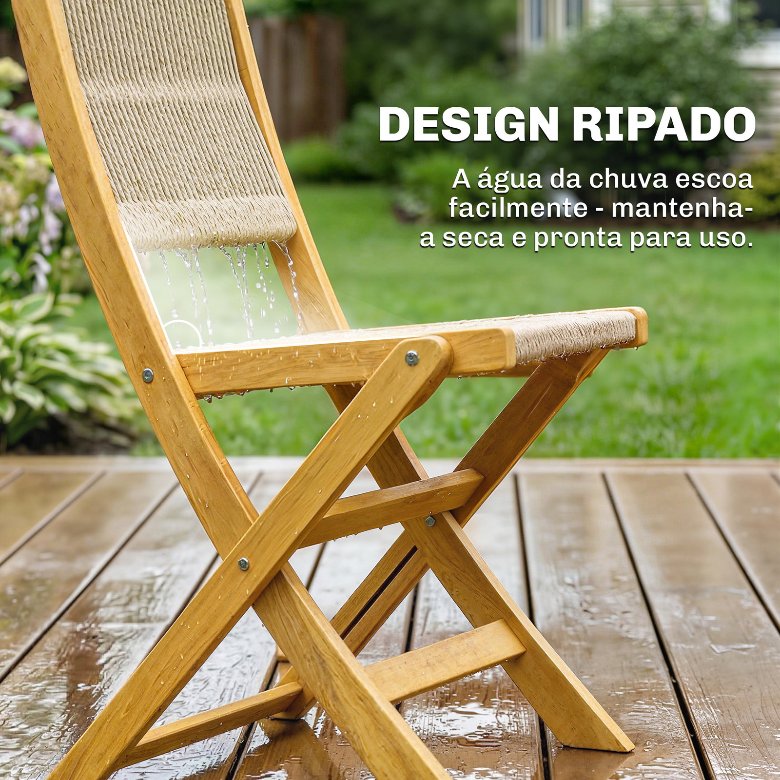 Conjunto de jardim de 3 peças em madeira com 2 cadeiras dobráveis e mesa redonda para varanda e terraço natural
