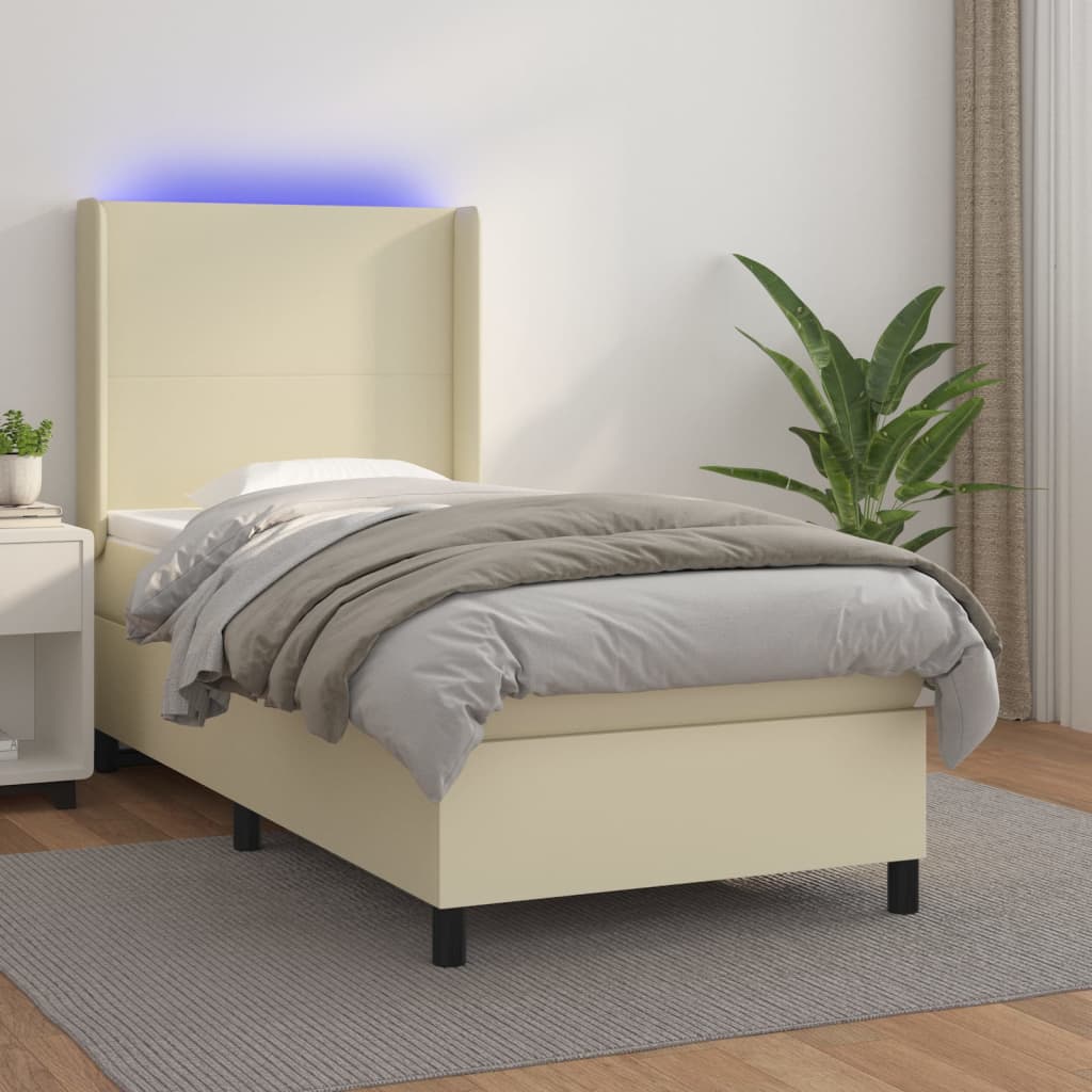Cama box spring c/ colchão/LED 90x200 cm couro artificial creme