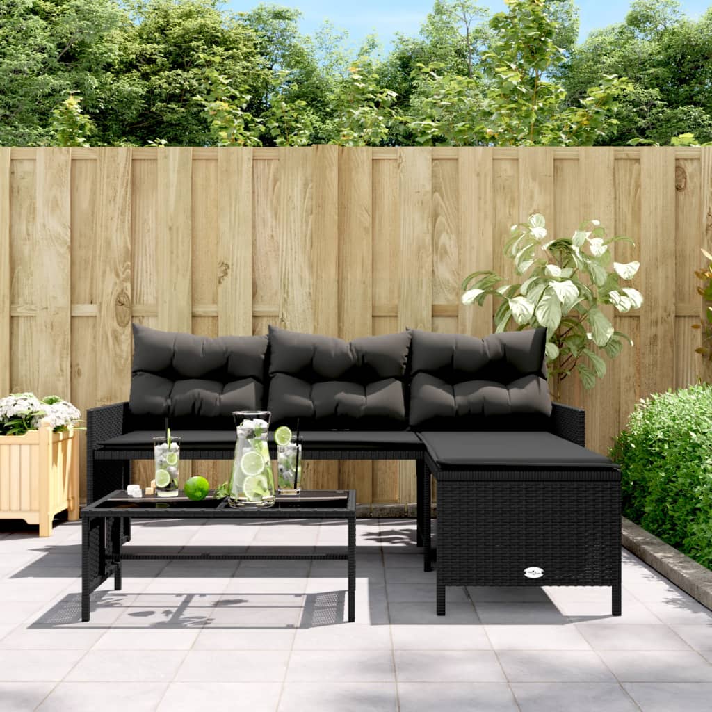 Sofá de jardim em forma de l c/ mesa e almofadões vime PE preto