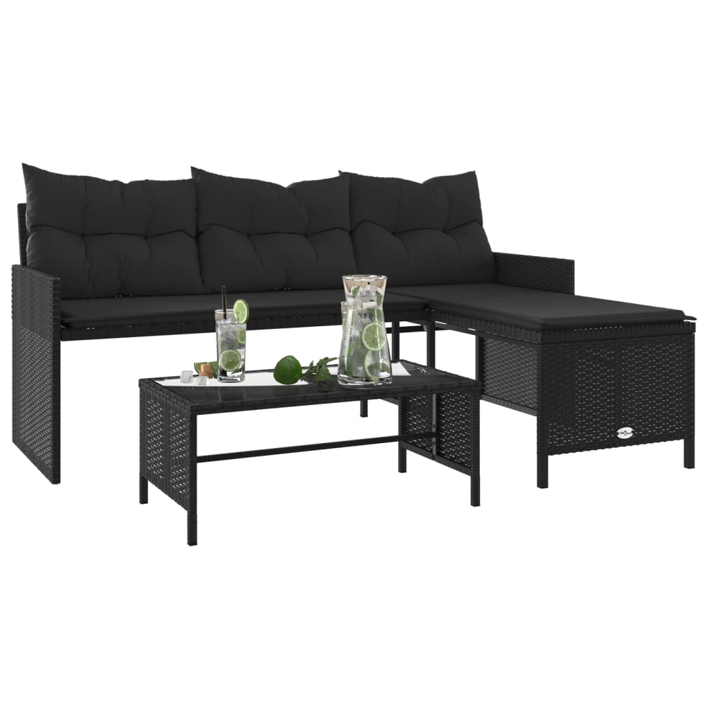 Sofá de jardim em forma de l c/ mesa e almofadões vime PE preto