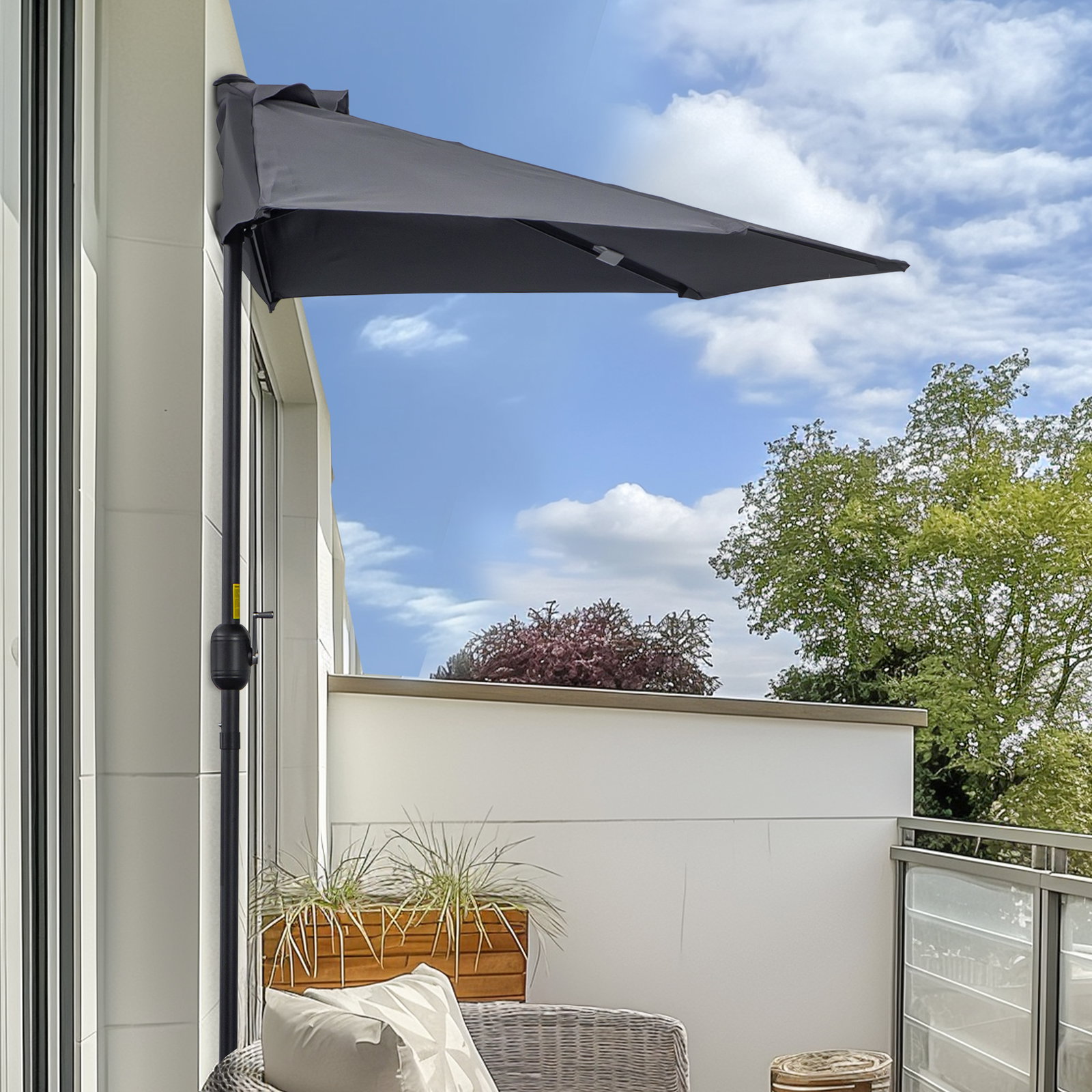 Chapéu de sol 269x138x236 cm guarda-sol de jardim com manivela e forma semicircular tecido poliéster 180 g/m² para exterior terraço pátio piscina cinzento